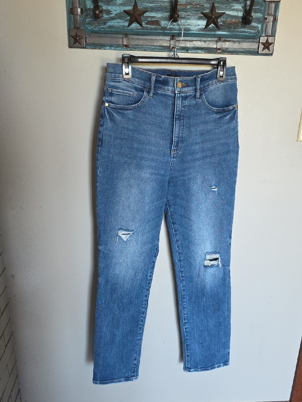 Express 90s Slim Super High Rise Distressed Blue Jeans